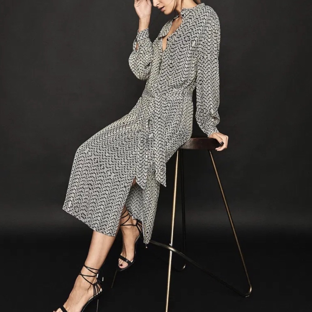 REISS Geometric Print Long Sleeve Midi Shirt Dress Belted V Neck Women Size 2
